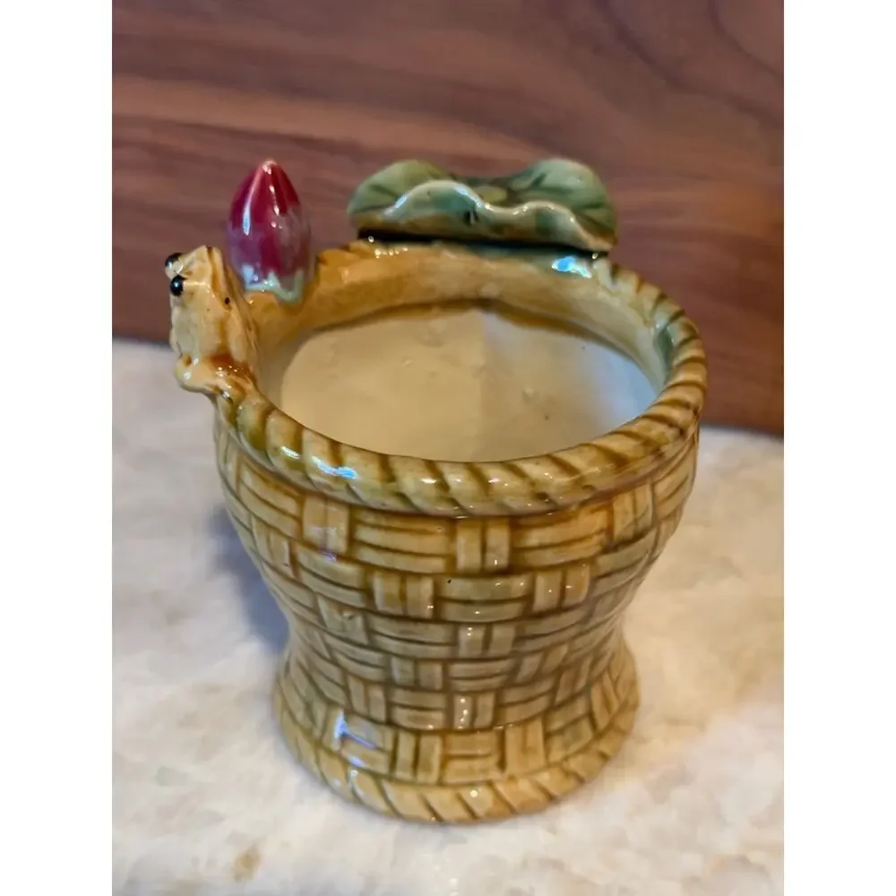Vintage small pottery vase majolica frog and lily pad